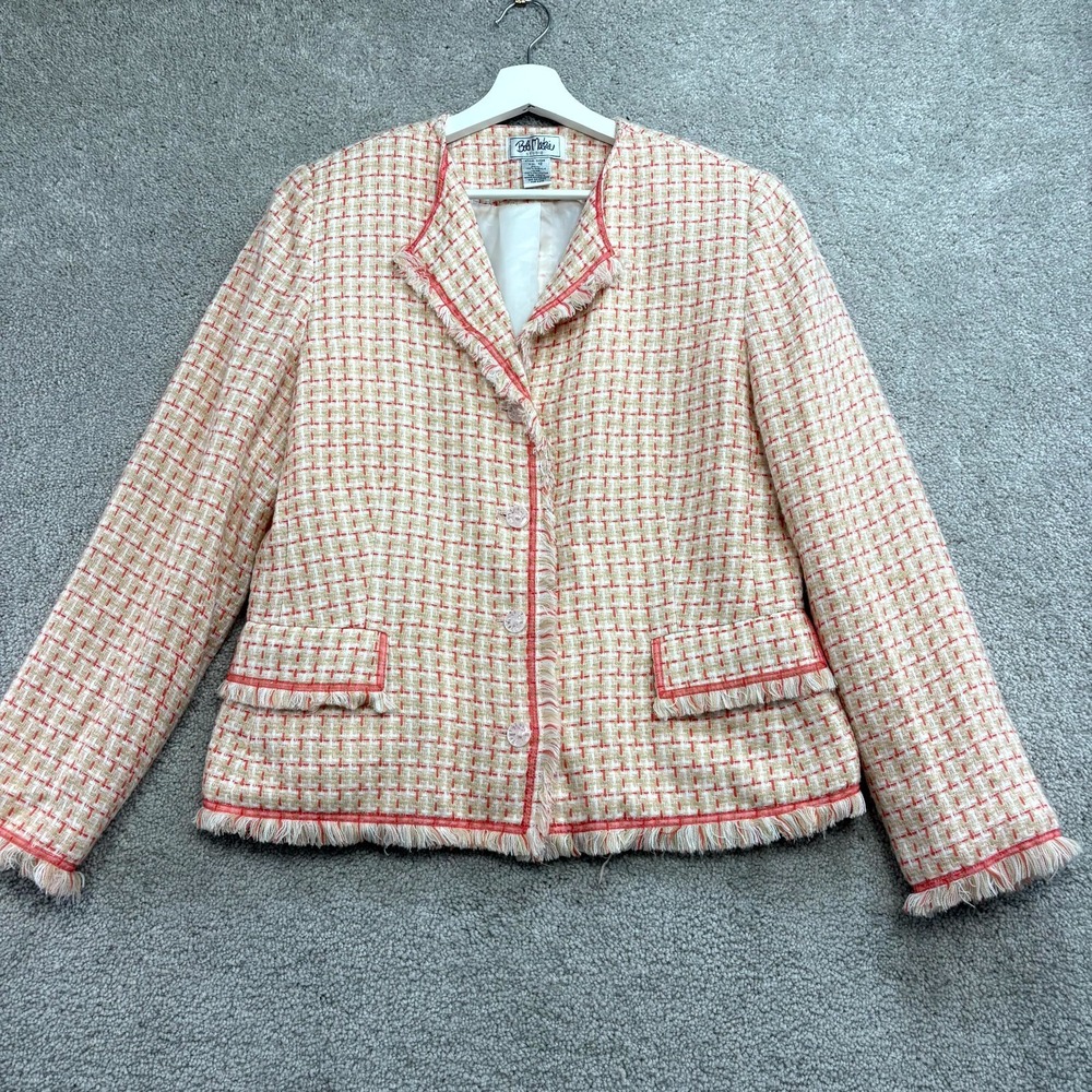 Bob Mackie  Tweed Jacket Blazer Womens 12 Multi Plaid Fringe Trim Old Money Boss